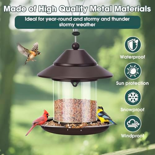 Bird Feeders for Outdoors, Hanging Small Metal Roof Bird Feeder with Clear Tube Seed Capacity for Viewing Cardinal Finch, Wild Birdfeeders for Outside Garden Yard Decoration (2lb:Brown)