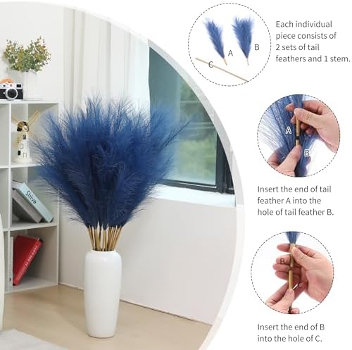 Wertuirk 9 Stems Blue Pampas Grass - 38 Inch Tall Faux Pompous Grass Decor