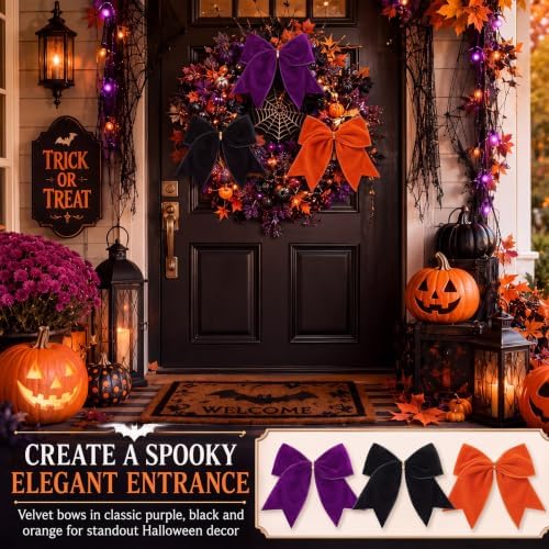 Janinka 12 Pcs 6 Inch Halloween Velvet Bows Ornament Black Purple Orange