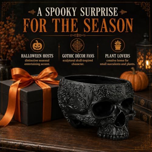 Halloween Skull Trick Or Treat Bowl Black Skeleton Planter Gothic Candy Pot