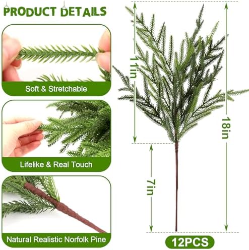 12Pcs 24 Inch Real Touch Norfolk Pine Stems, Artificial Green Plants Branches, Faux Greenery Pine Stem Fake Cedar Picks for Vase, Christmas Pine Branches for DIY Crafts Home Indoor Decor