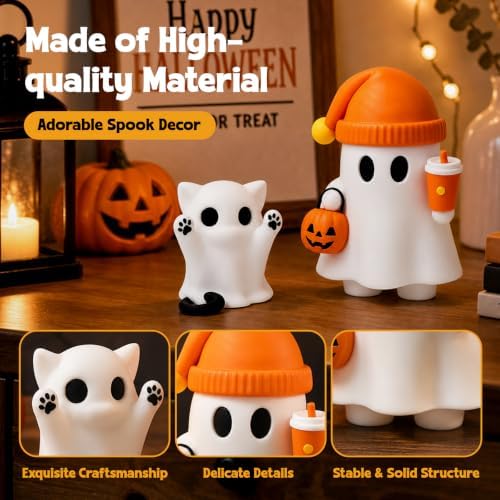 Cute Cat Halloween Ghost Figurine with Pumpkin Bucket and Orange Drink