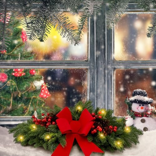 Yalikop 1 Pcs 24.5 Inch Christmas Swags with Light, Red Bow and Berry