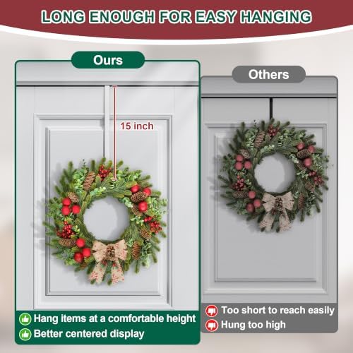 15" Reversible Wreath Hanger for Front Door, Fits Most Doors up to 1-3/4"