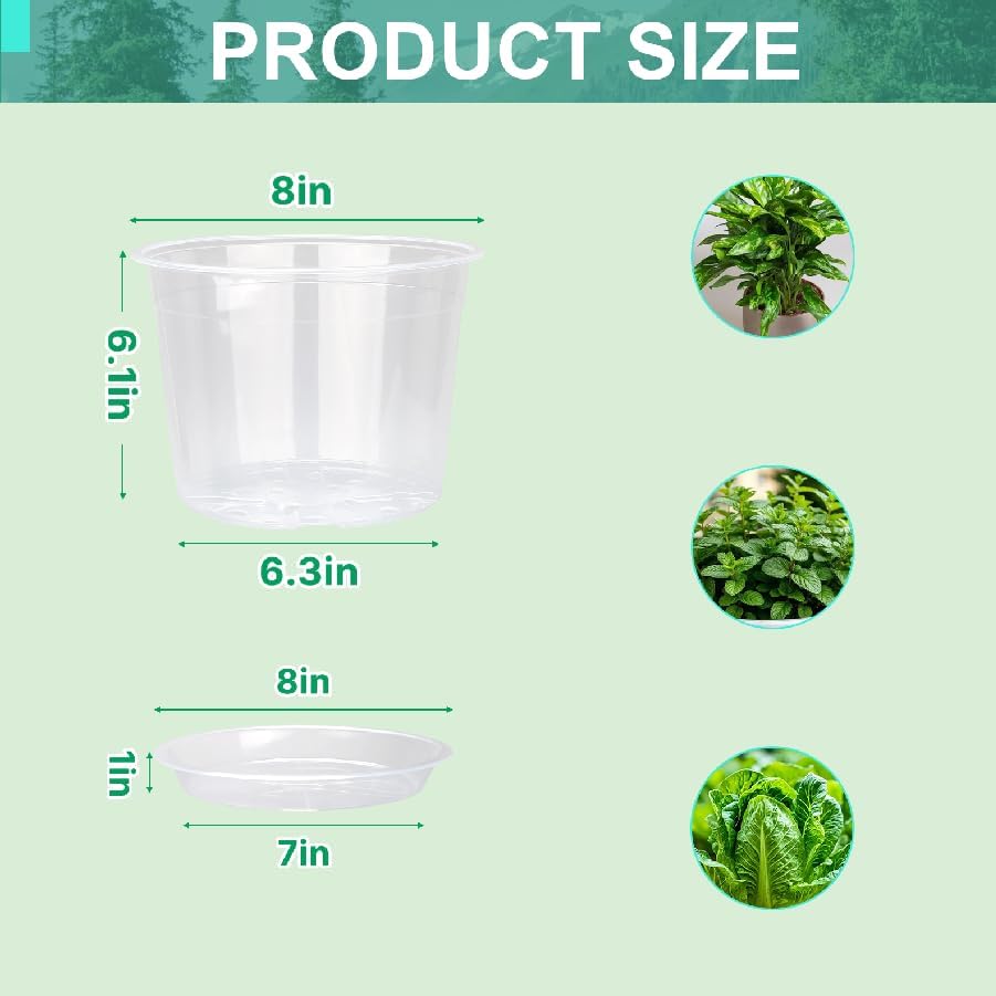 OUPSAUI 8 Inch Clear Nursery Pots with Drainage and Saucer, 5 Pack Large Plastic Pots for Plant, Seedling Starter Pot, Garden Pots for Succulents Flower Vegetables Herb