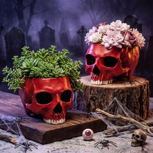 2 Pack Halloween Skull Planter, Red, Retro