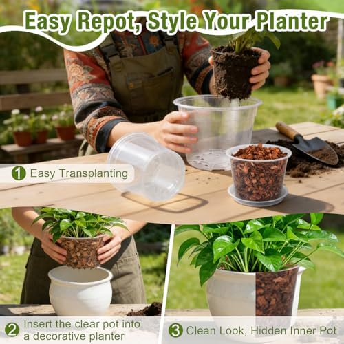8 Inch Clear Nursery Pots with Drainage and Saucers, 5 Pack Large Clear Plastic Nursery Pots for Plants, Seedling Plant Pots for Repotting and Growing Plants, Flowers & Vegetables(8 inch)
