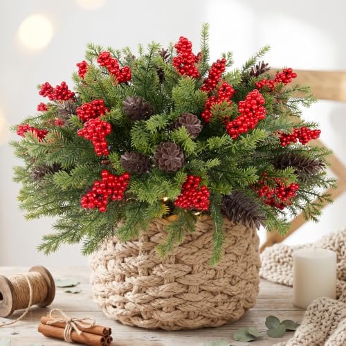 Daynight 6 Pack Artificial Christmas Pine Bushes, Faux Norfolk Pine Bushes with Berries, Realistic Silk Christmas Flower Picks for Bouquets, Table Centerpieces, Xams, Home Décor (6, Norfolk Pine)