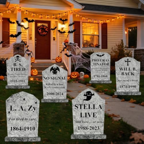 6 Pcs 16.1" Weatherproof Halloween RIP Tombstone Yard Decor with Stakes