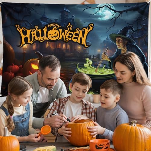 Happy Halloween Banner, Large Fabric Scary Moon Night Witch Pumpkin Castle Halloween Backdrop Banner Party Decorations for Horrible Halloween Photo Background Outdoor Indoor Wall Yard Party Decor