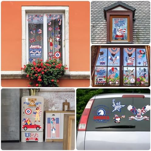 AhfuLife 250 Years Anniversary USA Window Clings for 4th of July, 250 Anniversary 9 Sheets America Patriotic Themed Window Stickers for Independence Day, Home Office Party Decorations(Style D)