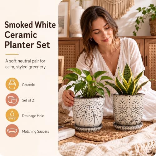 Gepege Ceramic Plant Pots, 6 Inch Indoor Planters with Drainage & Saucers