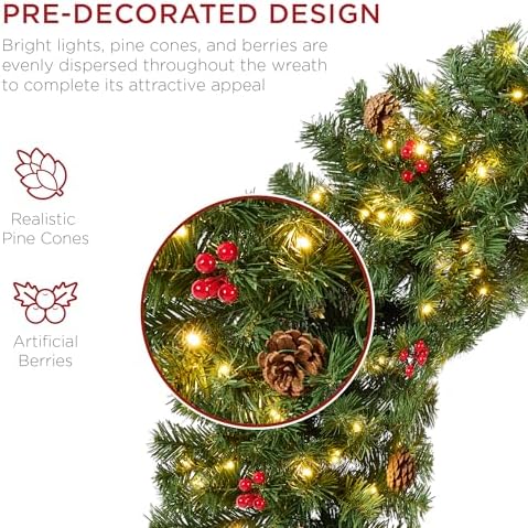 Best Choice Products 36in Pre-Lit Christmas Wreath w/Berries & Pinecones, Large Artificial Indoor/Outdoor Decor for Door, Mantel, Plug-in
