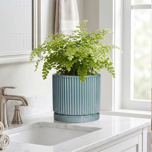 8 Inch Planter, Ceramic Pots for Plants with Saucer, Glaze Blue