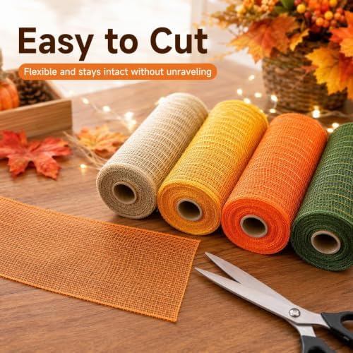 Thanksgiving Mesh Ribbon Deco Green Golden Orange Fall Deco Mesh Wire Ribbon Metallic Foil Rolls for DIY Auntumn Thanksgiving Wreaths Decorations Wrapping Craft, 4 Rolls(6 inch Wide)
