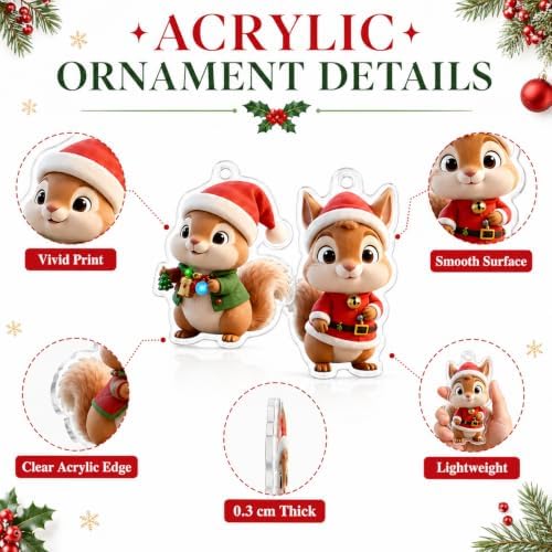 9pcs Christmas Hanging Ornaments Cartoon Craft Supplies Cute Squirrel Designs 2D Acrylic Christmas Hanging Decorations Mini Animal Holiday Hanging Ornaments for Party Accessories