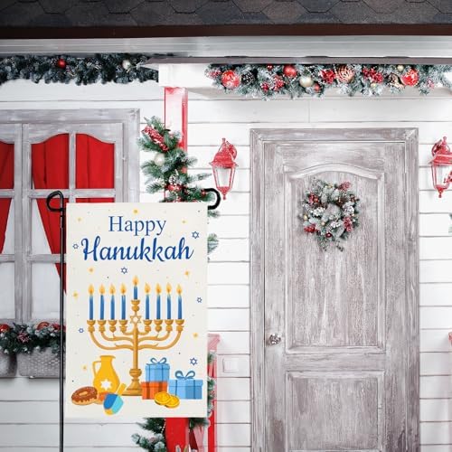 Happy Hanukkah Garden Flags Winter Menorah Small Flag for Outside 12 x 18 Inch Jewish Holiday Candles Outdoor Decor for Garden Lawn Yard Double Sided