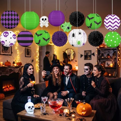 ‎Renbuzhu 15PCS Halloween Decorations Paper Lanterns Green Purple Set