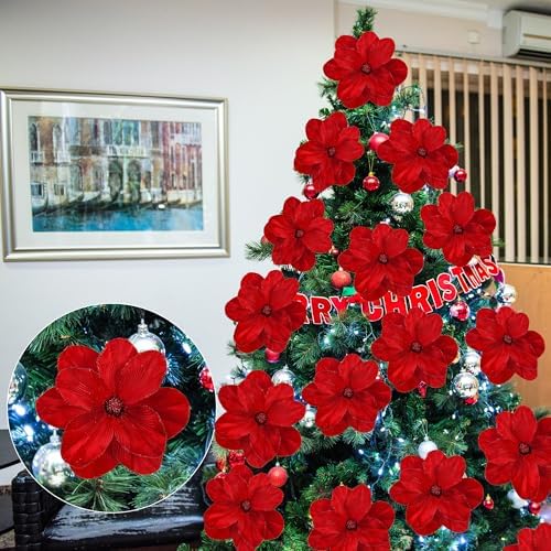 Sggvecsy 10Pcs Christmas Glitter Flowers Velvet Magnolia Flower Christmas Tree Ornaments Artificial Poinsettia Floral Picks for Xmas Wedding DIY Crafts Wreath Party Floral Decorations(Red)