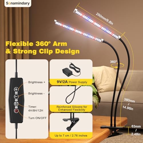 Grow Lights for Indoor Plants,LED Clip-On Clamp, Dual Head