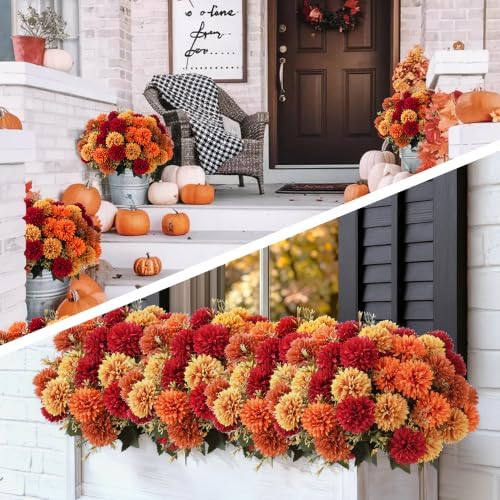 12-Pack Faux Fall Mums, 72 Blooms Artificial Flowers for Outdoor Decor