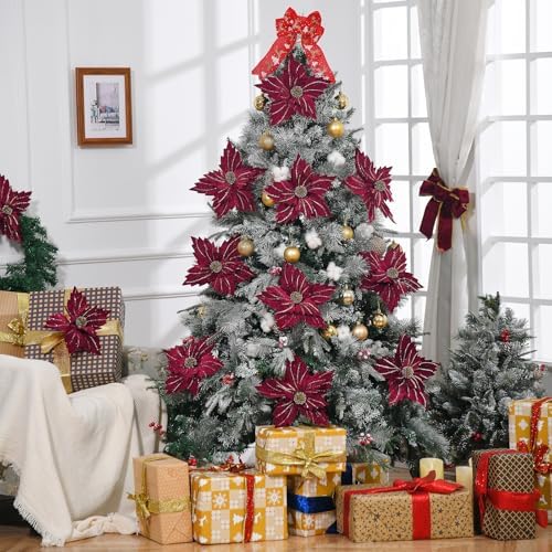 6 Pcs 12" Large Glitter Poinsettia Artificial Christmas Flowers with Stems Xmas Tree Wreath Ornaments New Year Home Wedding Party Decor (Burgundy)