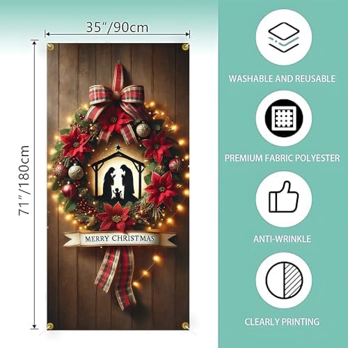 Nativity Scene Poinsettia Plaid Bow Christmas Door Cover 35x71in
