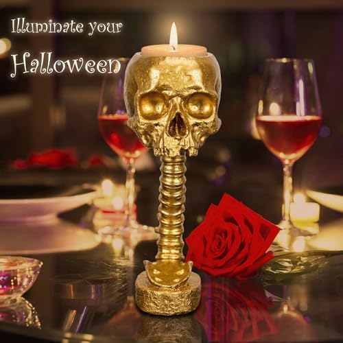 Skull Planter Spine Gothic Vase - Gold Spinal Skull Candy Bowl, Horror 11.6" Halloween Flower Vase Goth Decor, Spooky Home Decor Skeleton Planter Pot, Candle Holder, Spooky Gifts For Women, Girlfriend
