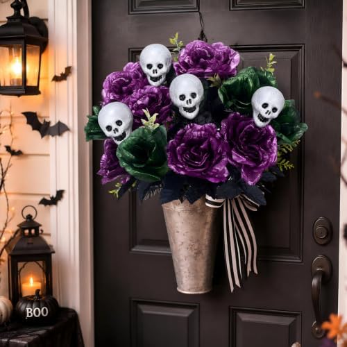 2 Pcs Purple Halloween Flowers Artificial 18in Peony & Rose & Skull Bouquet
