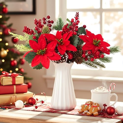 WILLBOND 24 Pcs Christmas Tree Picks Decorations Red Berry Pine Vase Picks Spray Berry Branches Poinsettia Holly Pine Flower Pick Berries Pinecones for Christmas Crafts Party Festive Home Decor