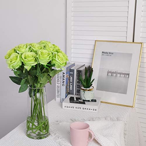 10pcs Light Green Roses Artificial Flowers, Realistic Faux Rose with Stem