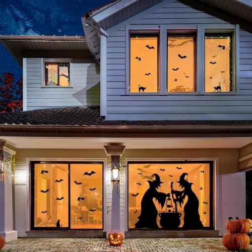 Halloween Decorations Window Clings Decor, Extra Large Witches with Black Cat Bats Spider Cauldron Silhouette Halloween Window Stickers Decals Indoor Outdoor, School Home Office Party, 3 Sheets