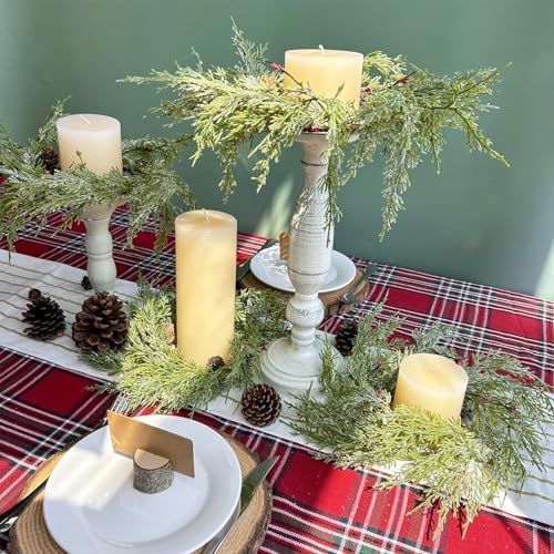 Winlyn 4 Pcs Artificial Frosted Cedar Pine Candle Rings Christmas Candle Holder Rings Wreaths Pine Cones Red Pip Berries Mini Window Mirror Wreaths 14.6" Wide for Winter Holiday Table Farmhouse Décor