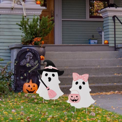 Glitzhome Halloween Ghost Yard Sign Set of 2, Cute Outdoor Ghost with Witch Broom & Pink Bow Pumpkin Outdoor Decorations, Halloween Metal Garden Stakes for Halloween Fall Autumn Lawn Decor