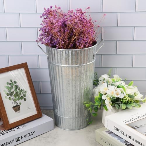 4 PCS 12 Inch Sliver Galvanized Flower Buckets, Metal Flower Vase, Rustic Tall Flower Bucket with Handles for Wedding, Home Décor
