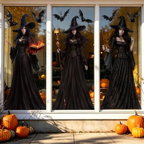 LOAVER Halloween Window Cling Sticker,3 Sheets Extra Large Double-Sided Witch Bats Silhouette Black Static Cling Decals for Halloween Party Haunted House Indoor Glass Window Decor