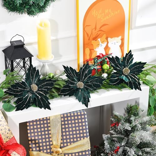 6 Pcs 12" Large Glitter Poinsettia Artificial Christmas Flowers with Stems Xmas Tree Wreath Ornaments New Year Home Wedding Party Decor (Dark Green)