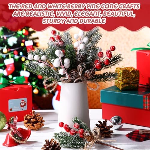 Sanwuta 20 Pcs Christmas Berry Pick with Pinecone, Frosted Red, White