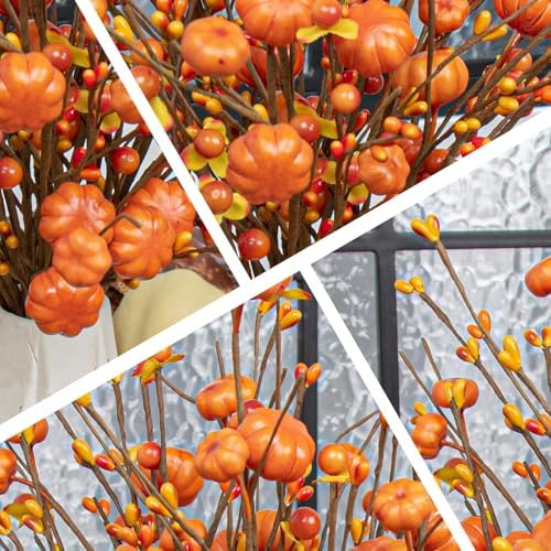 JINGHONG 18 Pack Artificial Pumpkin Picks 17” Tall Orange Berry Stems Fall Pumpkin Branches for Autumn Harvest Festival Thanksgiving Day Decor
