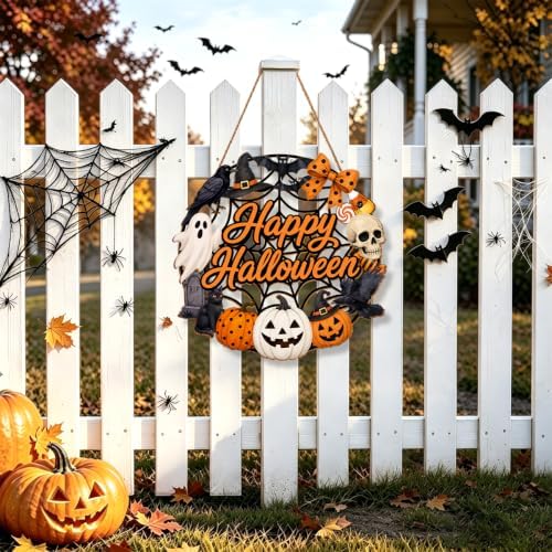 Halloween Wreath for Front Door Wooden Ghost Pumpkin Door Sign Wall Decor