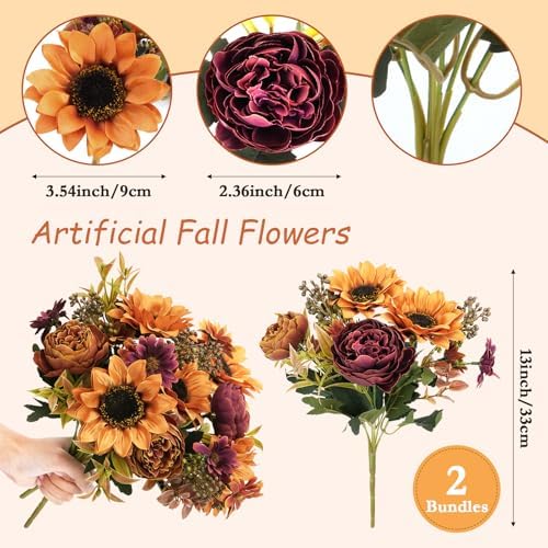 GTIDEA 2 Bundles Fall Artificial Flowers Bouquet, Fake Sunflowers Flowers