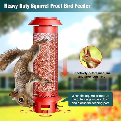 Heavy-Duty Squirrel Proof Bird Feeder, Removable Tray for Easy Cleaning, Weight-Activated Cage, 5 Perches, 4 Lb Capacity, Tube Metal Bird Feeder for Outdoors Cardinals, Finches