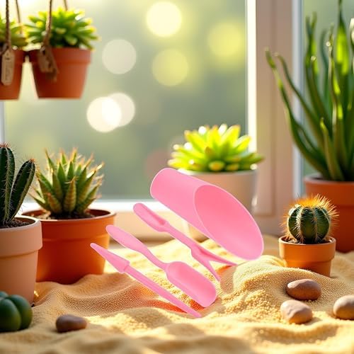 4 Pcs Pink Set Mini Garden Soil Spoon Plastic Planting/Transplanting Garden Tool Set Indoor Mini Garden Plant Care Shovel Soil Cup Bucket Shovel Transplanting Tool Gardening Shovels