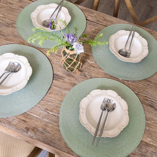 FunWheat Round Braided Placemats Set of 6 Place Mats for Dining Tables Woven Washable Non-Slip Table mats 15 inch(Fog Green, 6pcs)