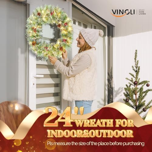 VINGLI 24" Small Christmas Wreath 2 Pack with 100 LED Battery Lights
