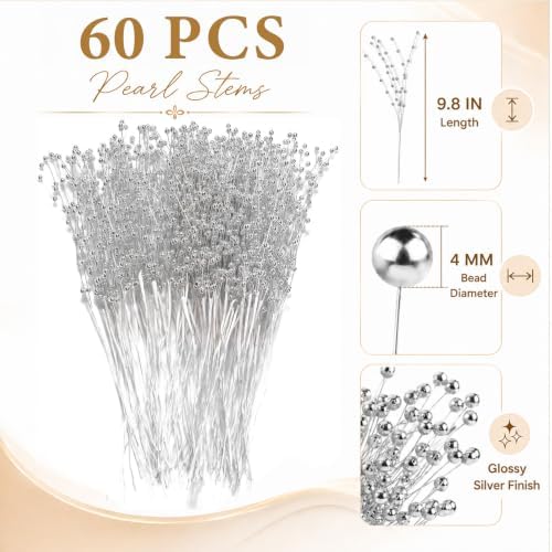 60 Pieces Pearl Stick Stems Bouquets, 4mm Bead String Garland Beaded Spray Filler Floral Arrangements Tree Picks Wedding Party Decoration, Mother's Day Flower Decor, Christmas Tree Picks (Silver)