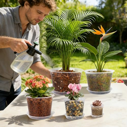 8 Inch Clear Nursery Pots with Drainage and Saucers, 5 Pack Large Clear Plastic Nursery Pots for Plants, Seedling Plant Pots for Repotting and Growing Plants, Flowers & Vegetables(8 inch)