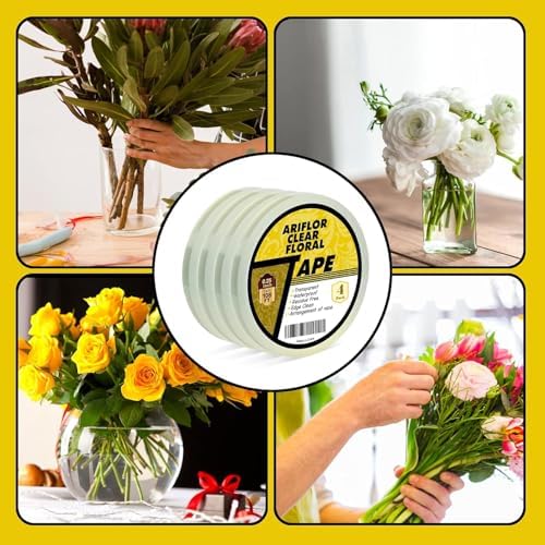 4Packs Clear Floral Tape - 1/4 inches Wide Floral Vase Tape, Clear Waterproof Floral Tape for Fresh Flower Bouquets and Flower Arrangements Crafts (0.25inch*4Packs), 0.25inch*4Pack