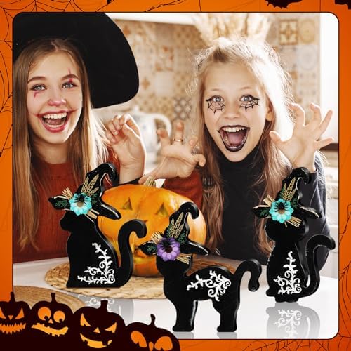 Redbaker 3 Pcs Halloween Wooden Decorations Indoor Black Cat Table Decor