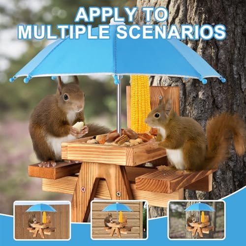 Gnodary Squirrel Feeder with Umbrella, Squirrel Feeders for Outside, Squirrel Picnic Table Feeder - Chipmunk Feeder Hold Corn, Corn Cob, Peanuts (Light-Blue)